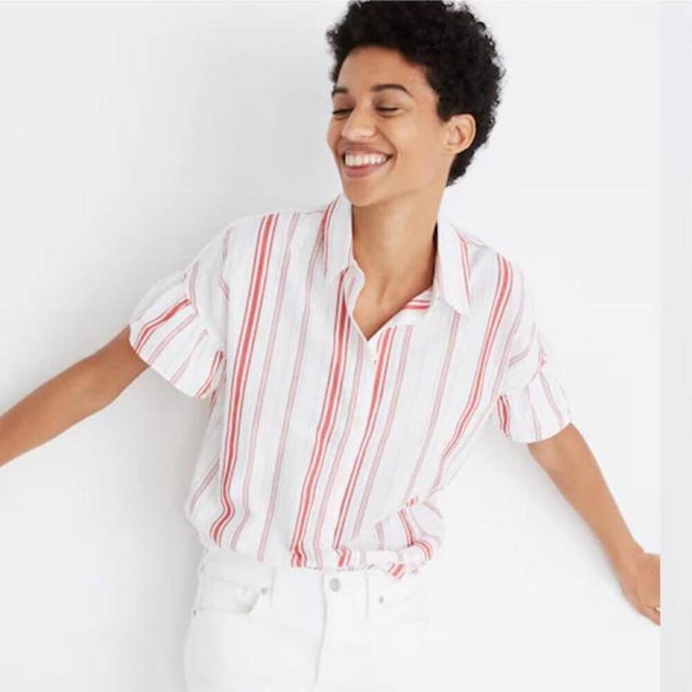 Madewell Central Ruffle-Sleeve Shirt in Carey Stripe Lipstick Red Women’s XL